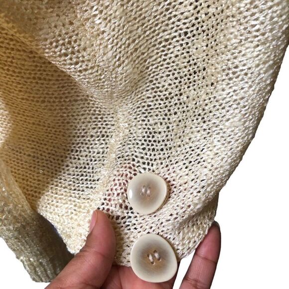 Ces Femme Womens Sweater M Ballet Neck Open Weave Shimmer Ivory Mini Bell Sleeve - Picture 7 of 8